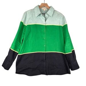 Etcetera Shirt Women 10 Green Blue Colorblock Linen Button Up Tunic Boxy